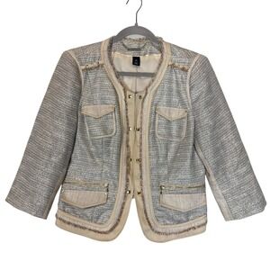 White House Black Market Blazer Womens 12 Beige Tweed Studded Fringe Jacket